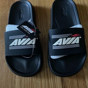 Avia Black Slide Sandals with White Logo and Gray Accents